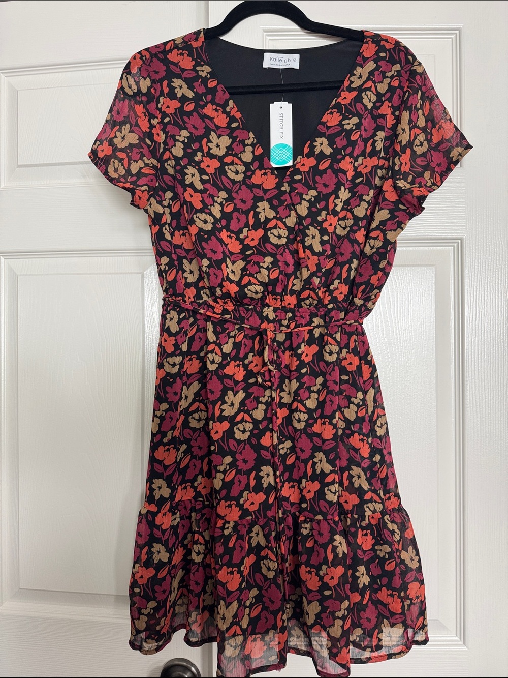 Kaileigh Black Floral Mini Dress with Red & Tan Accents